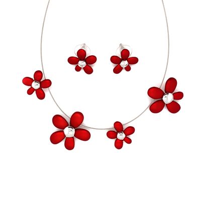 Set of rhodium-plated red flower