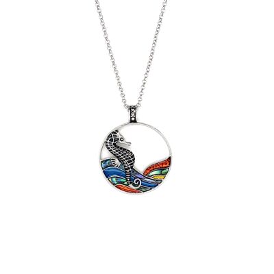 Rhodium-plated paua shell necklace / multicolored seahorses