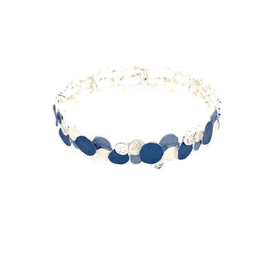 Bracelet élastique, plaqué argent, blanc mat / bleu