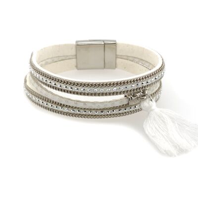 Bracelet 3-arg. rh / blanc / pompon Magnetsch