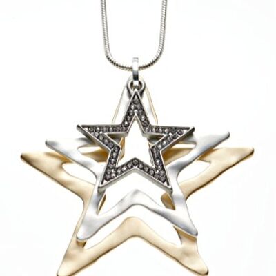 Long chain silver-plated matt tri-color star 75cm