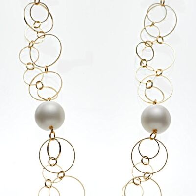 Lunga catena placcata oro bianco perla crema 90cm