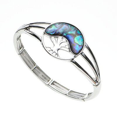 Elastic bracelet rhodium-plated mother-of-pearl blue tree of life