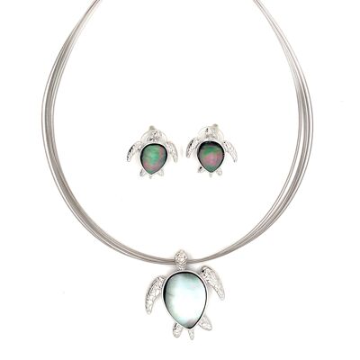 2-piece set necklace / ear studs rhodium-plated / 'turtle'