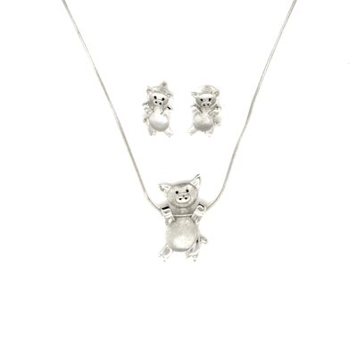 2-piece set necklace / ear studs rhodium-plated / 'pig'