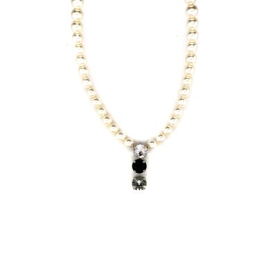 Collana perline cera bianca con pietre di cristallo Jet 6mm
