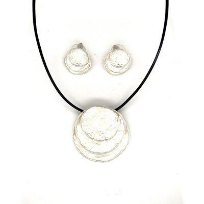Set of 2 pieces, silver-plated necklace/ear studs/black textile strap