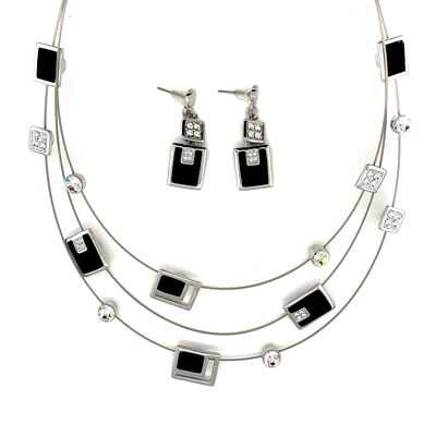 Set 2-piece necklace/ear studs rhodium-plated matt black/crystal