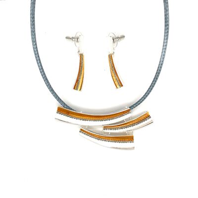 Set of 2-piece necklace / ear studs silver-plated gold, white, gray