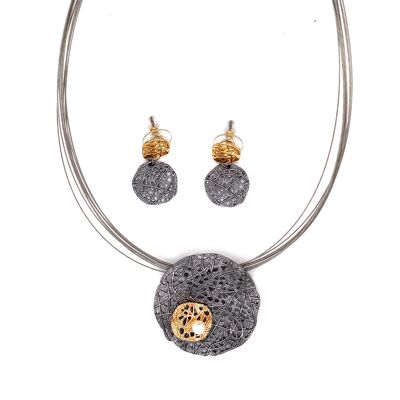 Conjunto de 2 piezas collar/pendientes antracita/oro/perla