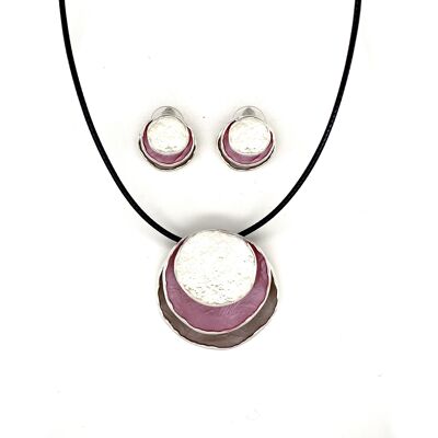 Set di 2 pezzi collana / orecchini a bottone rodiato, rosa antico, bianco