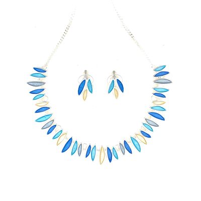 Set of 2-piece necklace / ear studs rhodium-plated, light blue