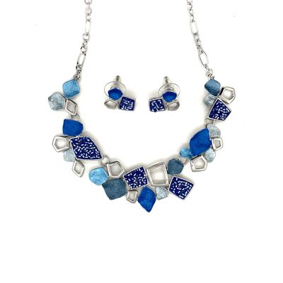 2-piece set necklace / ear studs rhodium-plated, blue, dark, light
