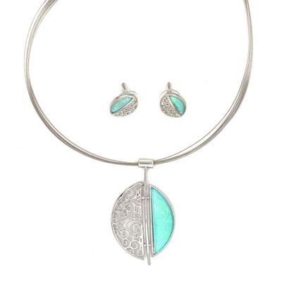 Set of 2-piece necklace / ear studs rhodium-plated turquoise