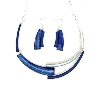 Set of 2-piece necklace / ear hooks silver-plated blue