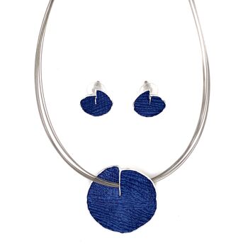 Lot de 2 pièces collier / clous d'oreilles rhodié bleu mat