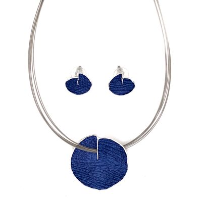 Set of 2-piece necklace / ear studs rhodium-plated matt blue