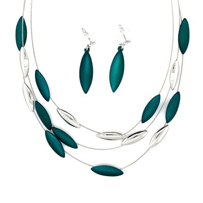 Set of 2-piece necklace / ear studs, rhodium-plated, matt green