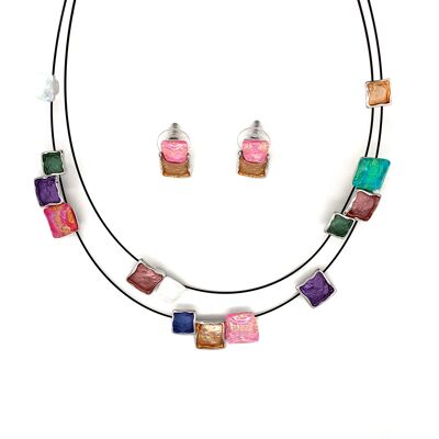 Set of 2-piece necklace / ear studs rhodium-plated multi-color dark