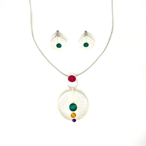 Garnitur 2-teilig Collier/Ohrstecker versilbert  multi-color