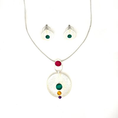 Set of 2-piece necklace / ear studs, silver-plated, multi-color