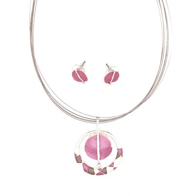Set of 2-piece necklace / ear studs, silver-plated, old pink
