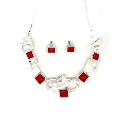 Set of 2-piece necklace / ear studs, silver-plated red, white