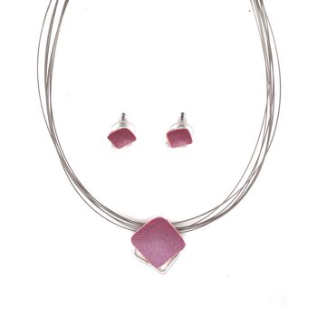 Lot de 2 pièces collier / clous d'oreilles, plaqué argent, vieux rose mat