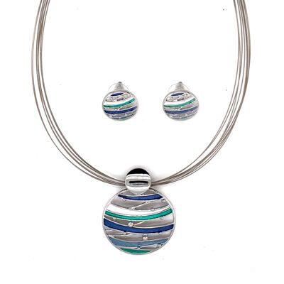 Set of 2-piece necklace / ear studs rhodium-plated, blue, turquoise