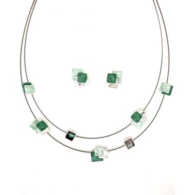 Juego de collar / pendientes de 2 piezas plateados, verde oscuro