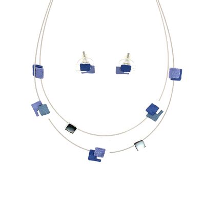 Set di 2 pezzi collana / orecchini a bottone placcati argento, blu scuro