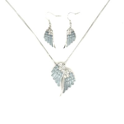 Set of 2 pieces necklace/ear hooks rhodium-plated matt grey/crystal