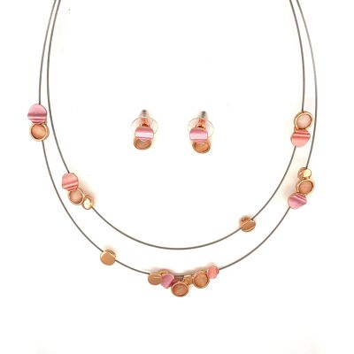 Set of 2-piece necklace / ear studs rose gold plated pink