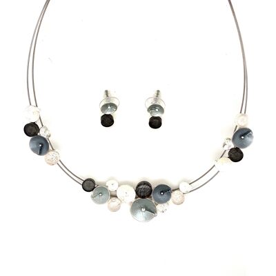 Set of 2-piece necklace / ear studs rhodium-plated, matt gray, white