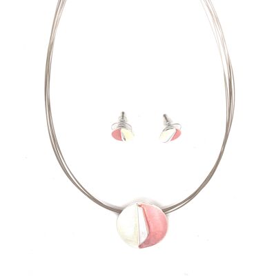 Set of 2-piece necklace / ear studs silver-plated white / pink