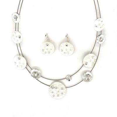 Conjunto de 2 piezas collar/pendientes plata baño blanco/cristal
