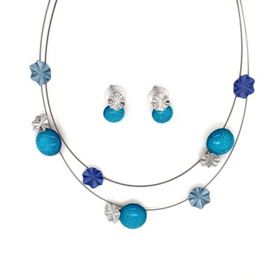 Set of 2-piece necklace / ear studs rhodium-plated, dark blue