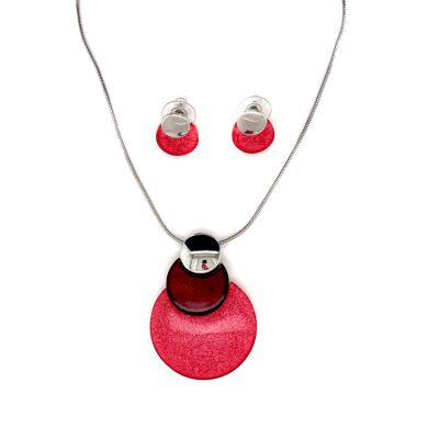 Set of 2-piece necklace / ear studs rhodium-plated red