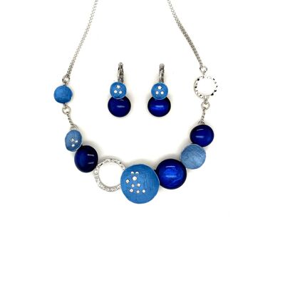 Set of 2-piece necklace / ear hooks rhodium-plated blue