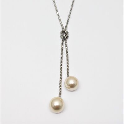 Lange Kette rhodiniert    Perle Weiß 80cm