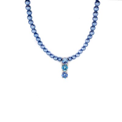 Collana rodiata perla blu pietre di cristallo 6mm azzurro