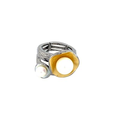 Elastic ring rhodium-plated tri-color pearl