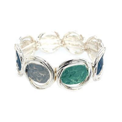 Bracelet élastique, plaqué argent, bleu mat, turquoise, blanc