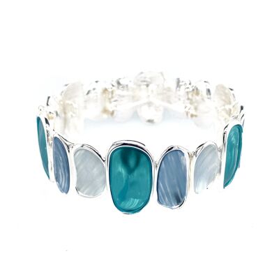 Bracelet élastique, rhodié, bleu mat, turquoise, blanc