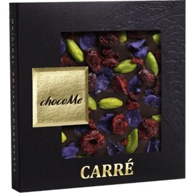 Carré dunkle Schokoladen mit Pistazien, Sauerkirschen und kandierten Veilchen