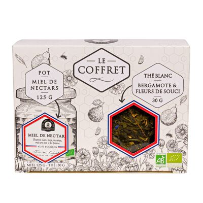 Coffret Thé Blanc Bergamote Fleurs de Souci (vrac) et son Miel de Nectars Bio