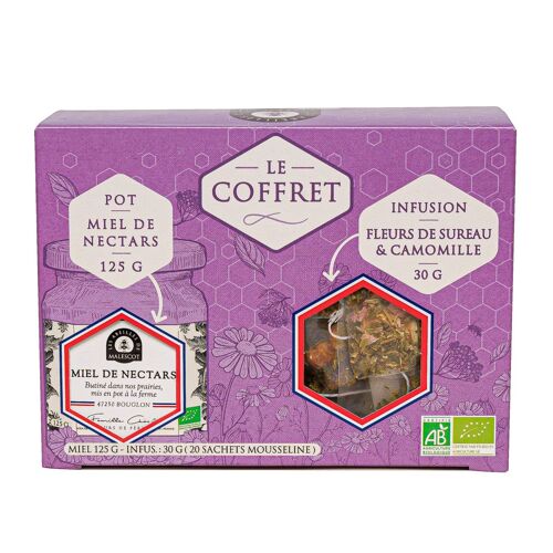 Coffret Infusion Fleurs de Sureau Camomille (sachets) et son Miel de Nectars Bio