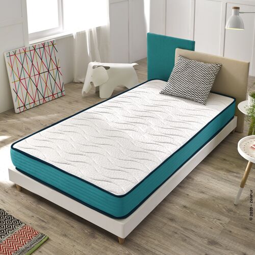 Matelas ZenPur à Mémoire de Forme et Latex Bleu - Tissu 3D Respirant SuperStretch au Toucher Très Doux - Epaisseur 18 cm