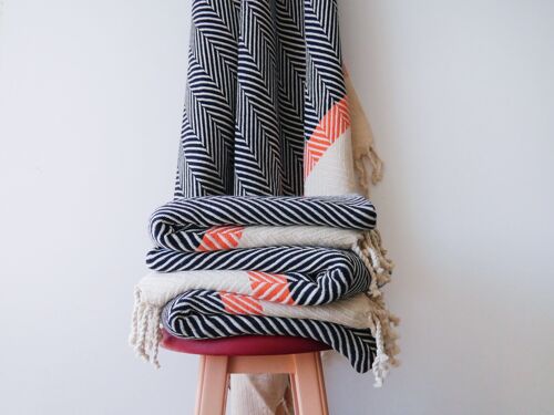 HERRINGBONE  Two coloured Handwoven Cotton Throw - Navy & Orange Stripe