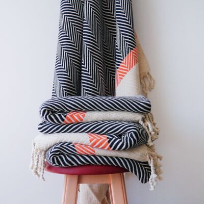 HERRINGBONE  Two coloured Handwoven Cotton Throw - Navy & Orange Stripe